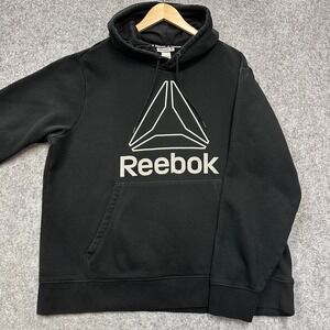 Reebok Hoodie Sweatshirt Mens XXL Black Pullover Logo Graphic Front White Gray